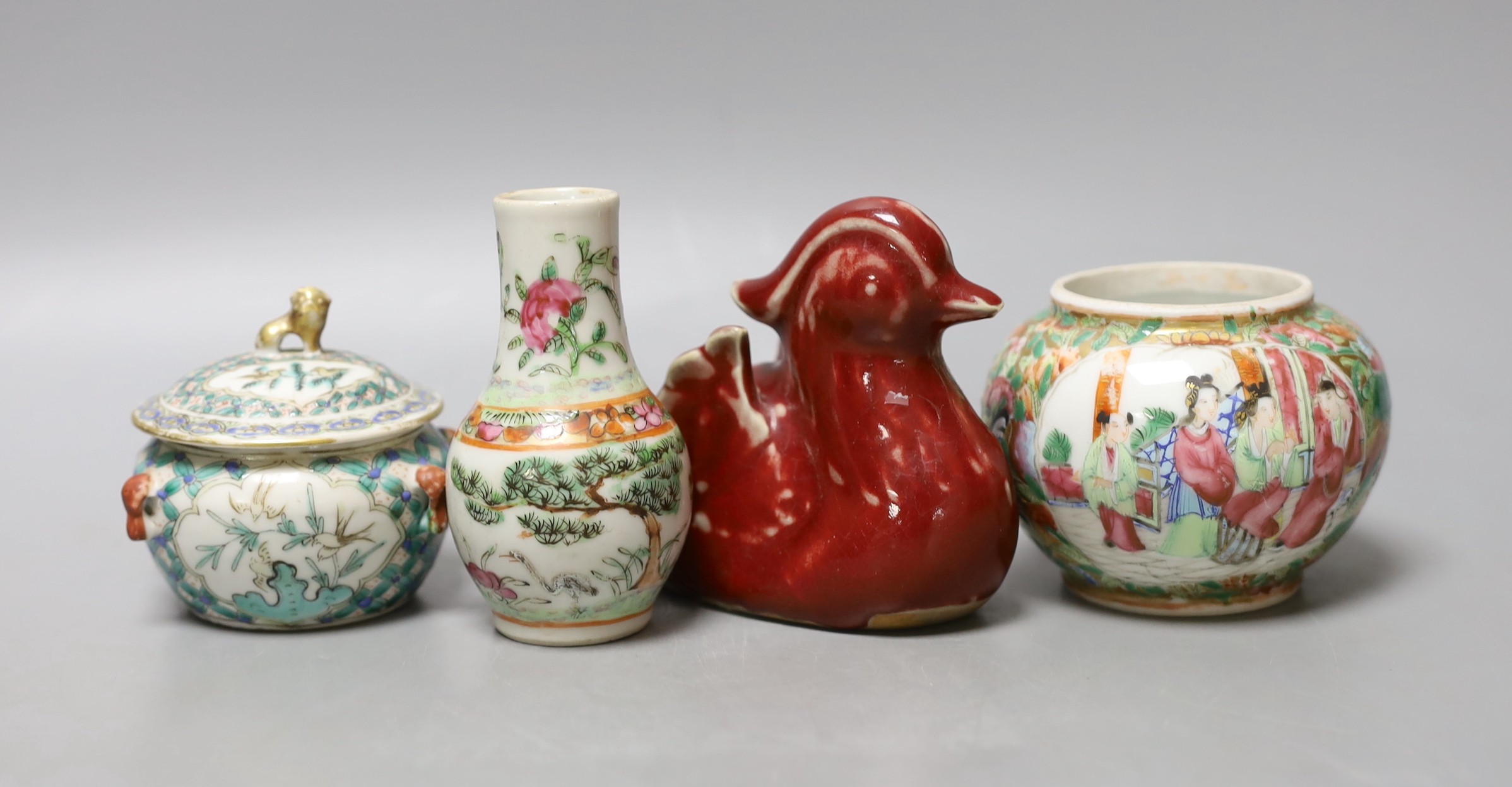 Three 19th century Chinese Canton decorated items and a sang-de-boeuf duck - tallest 10cm